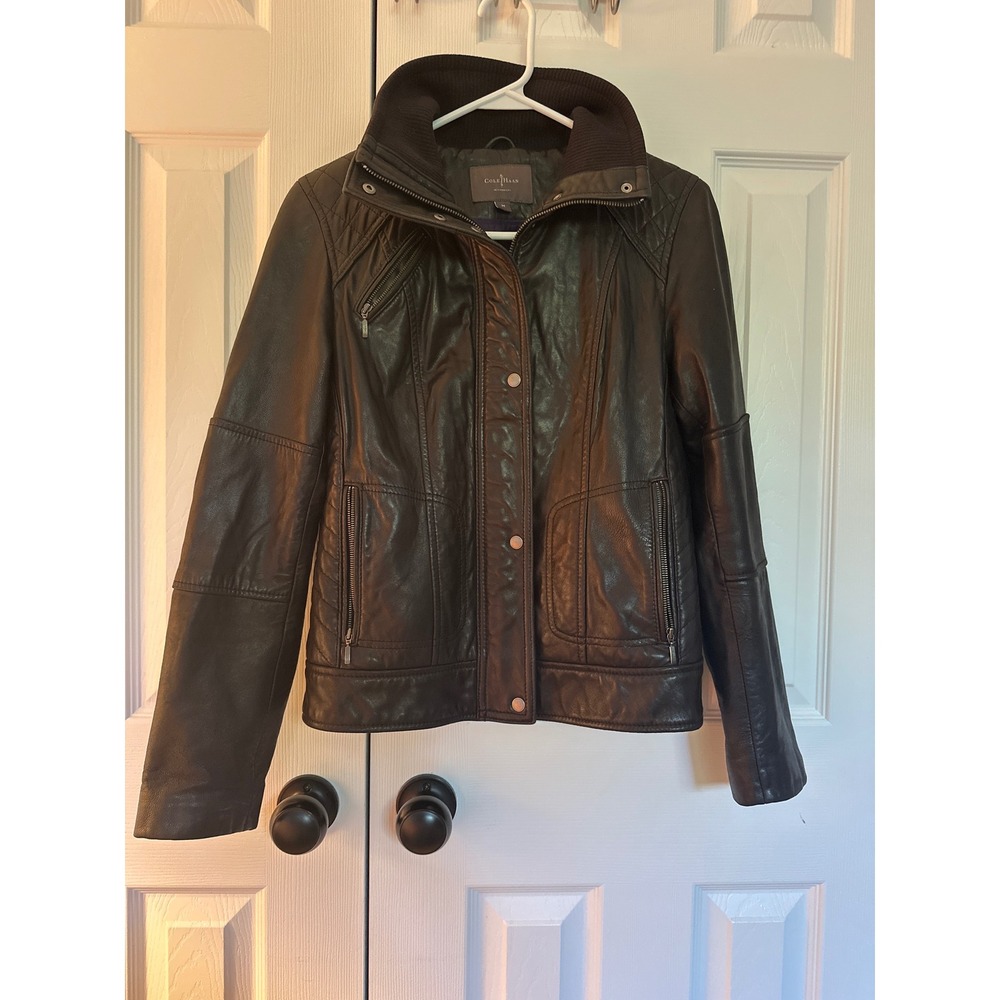 Cole Haan Black Leather Quilted Moto Jacket Womens Medium Ribbed Collar Zip Up